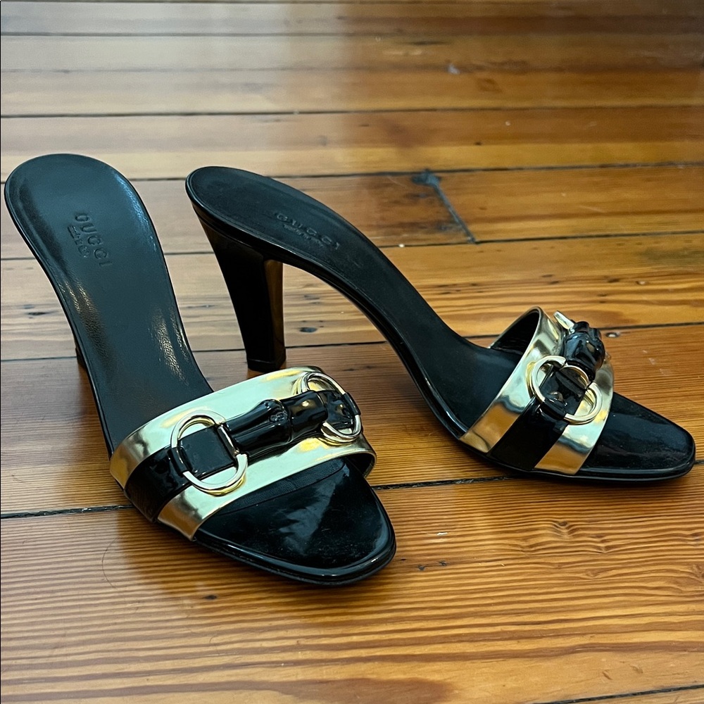 Gucci Black and Gold Heeled Sandals